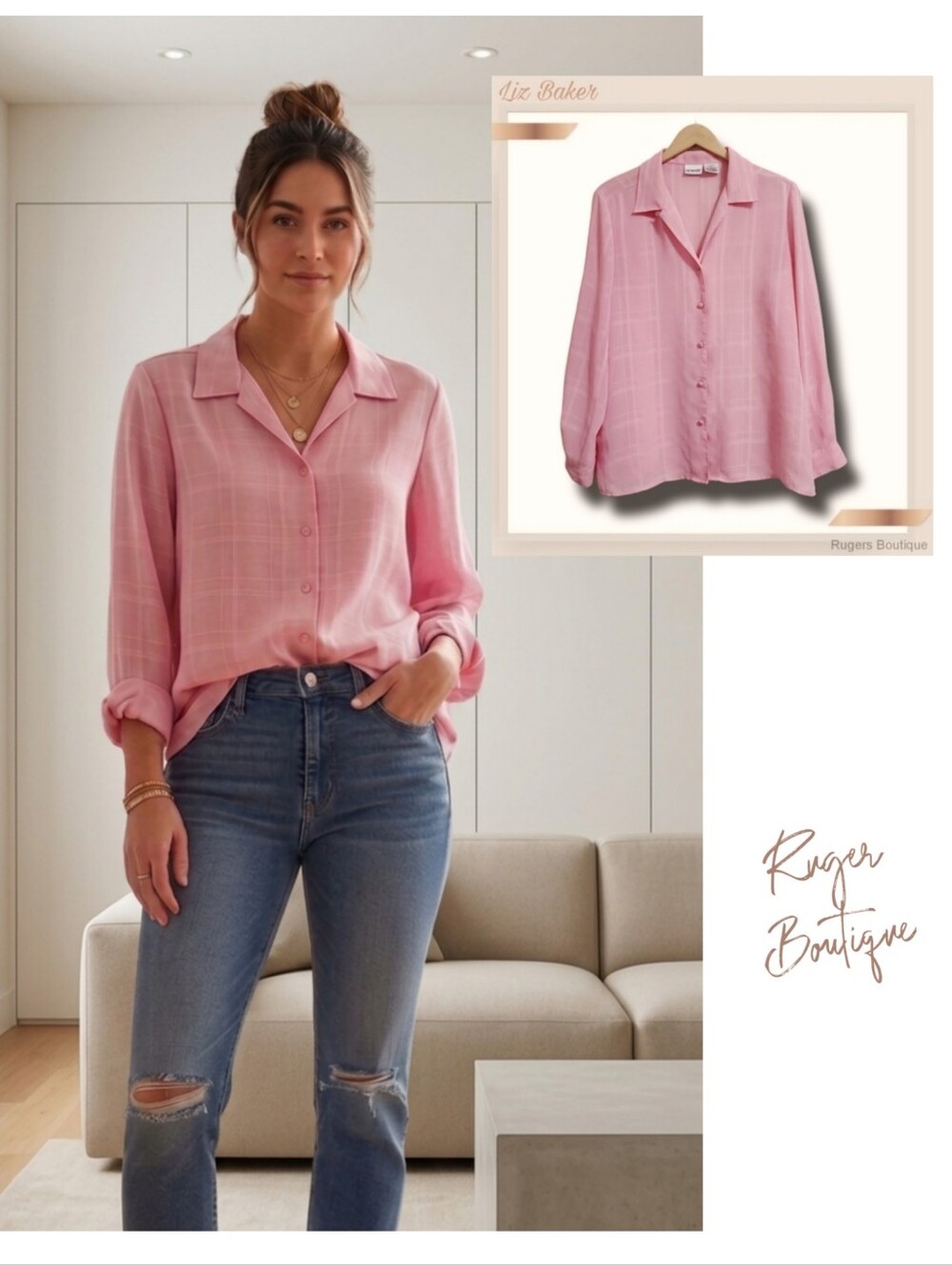 🌿Liz Baker Women's Size 14 Pink Button-Up Long sleeve Sheer Shirt